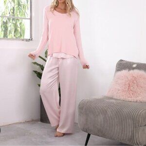 PJ Harlow Jolie Blush Lounge Pajama Set Ribbed Top Satin Pants Size Small